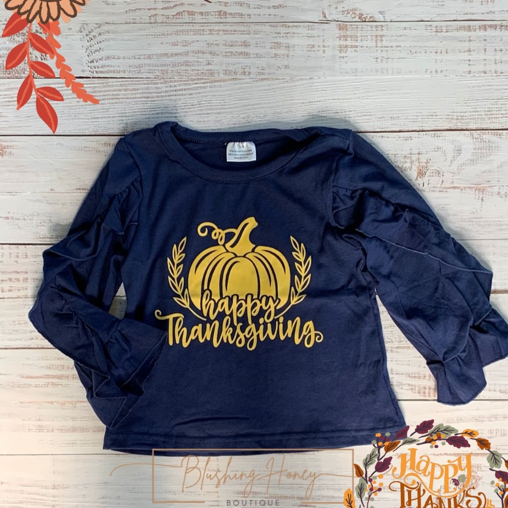 Dark Blue Thanksgiving Ruffle Raglan Shirt, Girls Toddlers Happy Turkey, Pumpkin